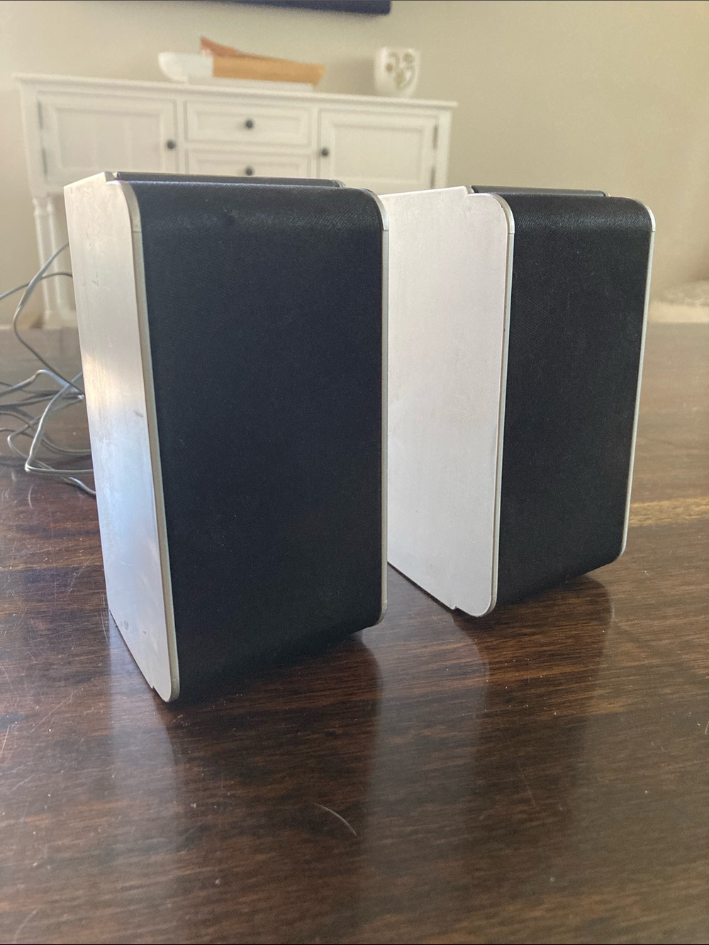 RCA Pair of Compact Black and Silver Rear Wired Speakers Desktop or Hanging